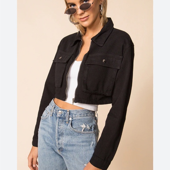 superdown Jackets & Blazers - Superdown Black Cropped Denim Jacket Long Sleeve Button Pocket Women's Small